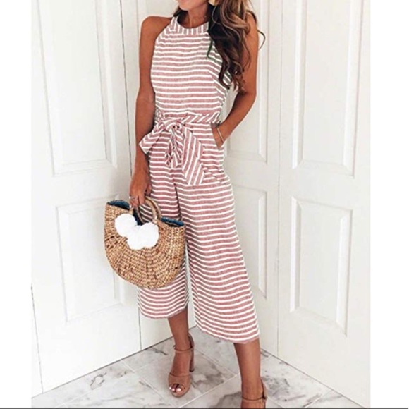 🆕 Striped Waisted Belt Wide Leg Jumpsuit: Pink - Picture 2 of 8
